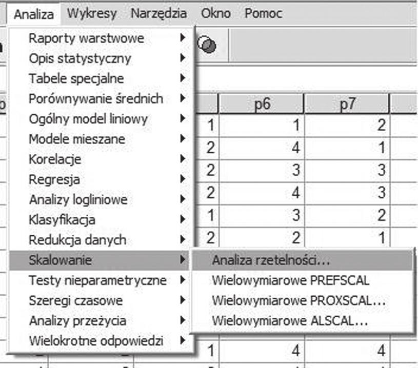 Ich wyniki zapisano w arkuszu danych programu SPSS (plik danych: połówkowa.sav). W wierszach znajdują się wyniki kolejnych osób, a w kolumnach o nagłówkach p1, p,.