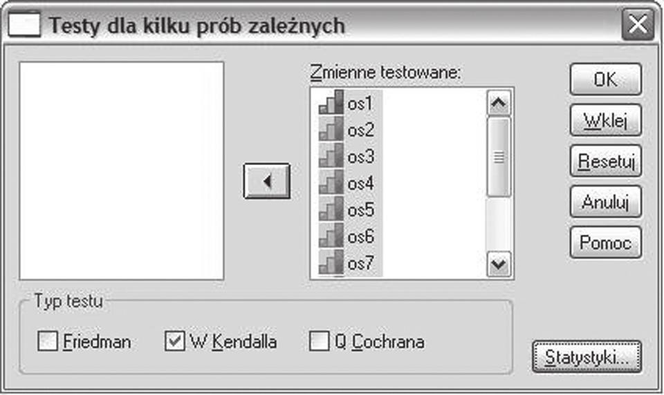 Tak przygotowane dane można podać analizie zgodności sędziów (zgodnosc_sedziow.sav). W tym celu należy wejść do: Analiza-> Testy nieparametryczne-> K prób zależnych (rys. 5.13.