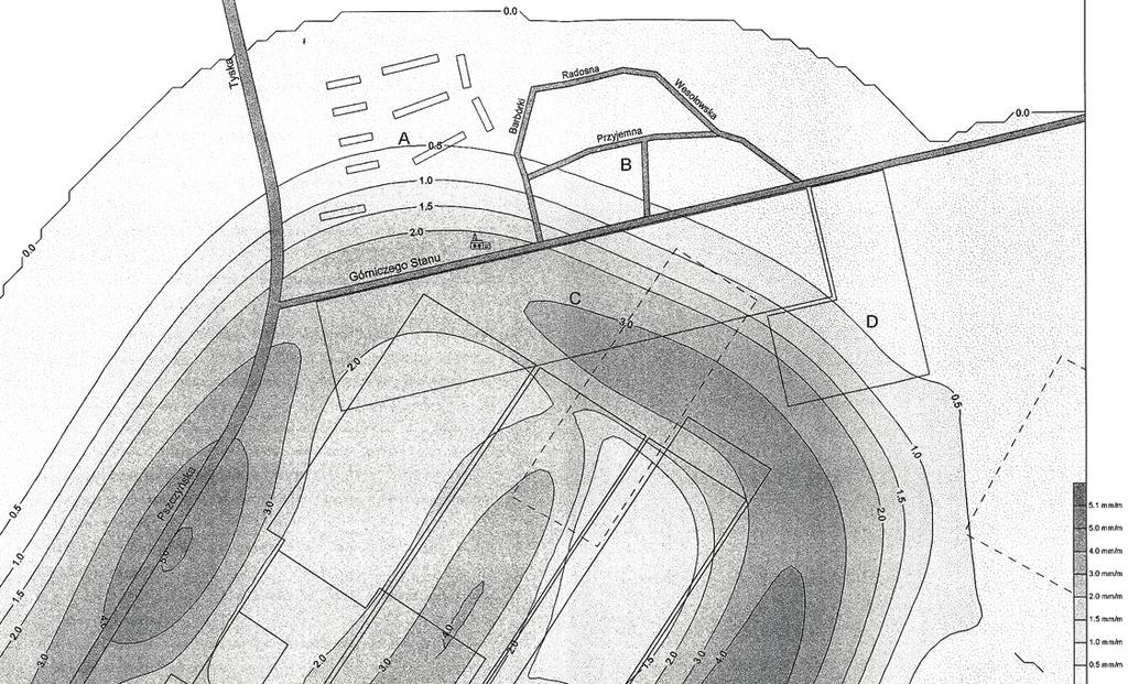 określenia. W połączeniu z wynikami niwelacji punktów ziemnych linii 1 daje to możliwość scharakteryzowania kształtu i położenia niecki powstałej przez eksploatację pokładu 510 w tym obszarze.