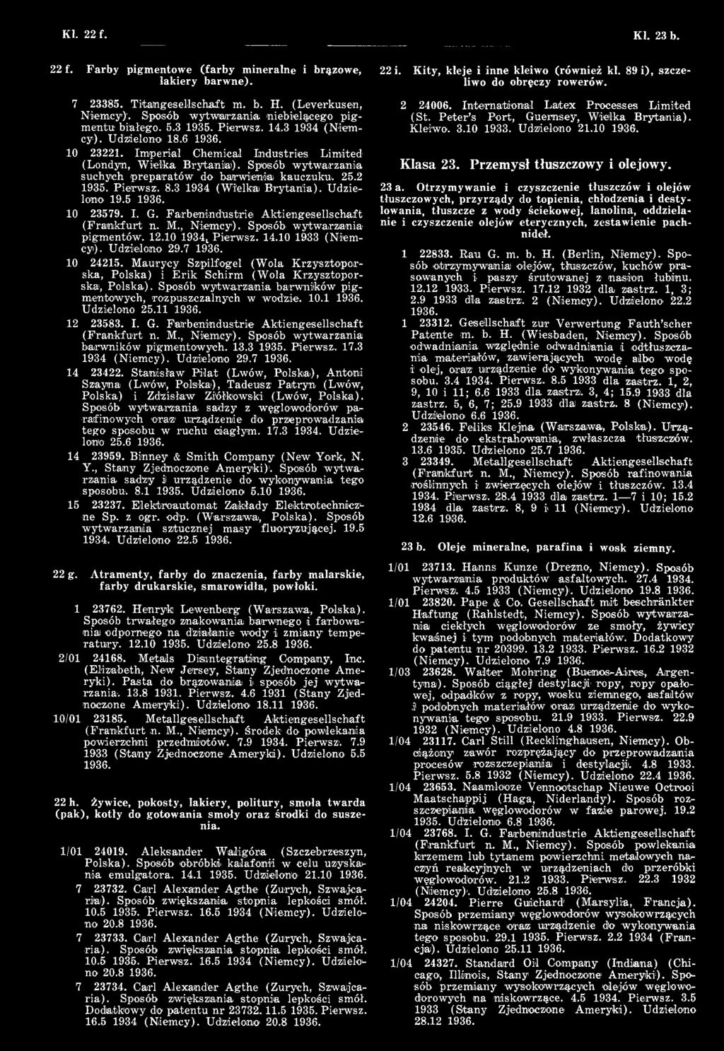 Im perial Chemical Industries Lim ited (Londyn, W ielka Brytania)). Sposób 'wytwarzania suchych prep arató w do barw ienia kauczuku. 25.2 1935. Pierw sz. 8.3 1934 (Wielkai B ry tania). Udzielono 19.