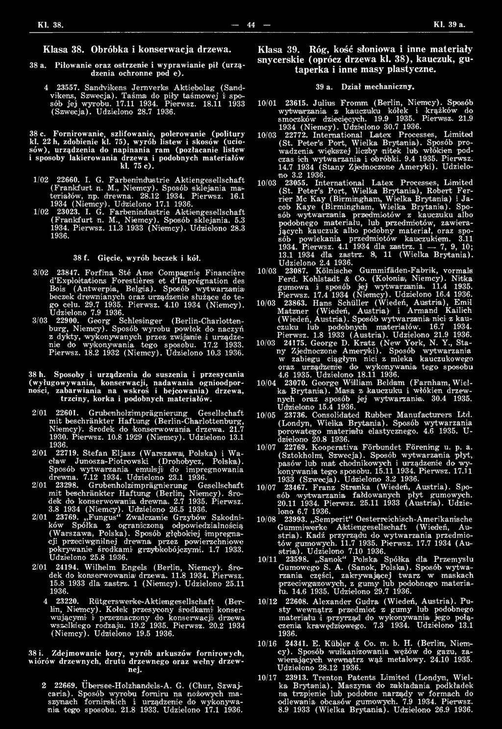 F arb enindtistrie A ktiengesellschaft (F ra n k fu rt n. M., Niem cy). Sposób sklejania maiteriałów, np. drewna. 28.12 1934. Pierwsz. 16.1 1934 (Niem cy). Udzielono 17.1 1/02 23023. I. G.