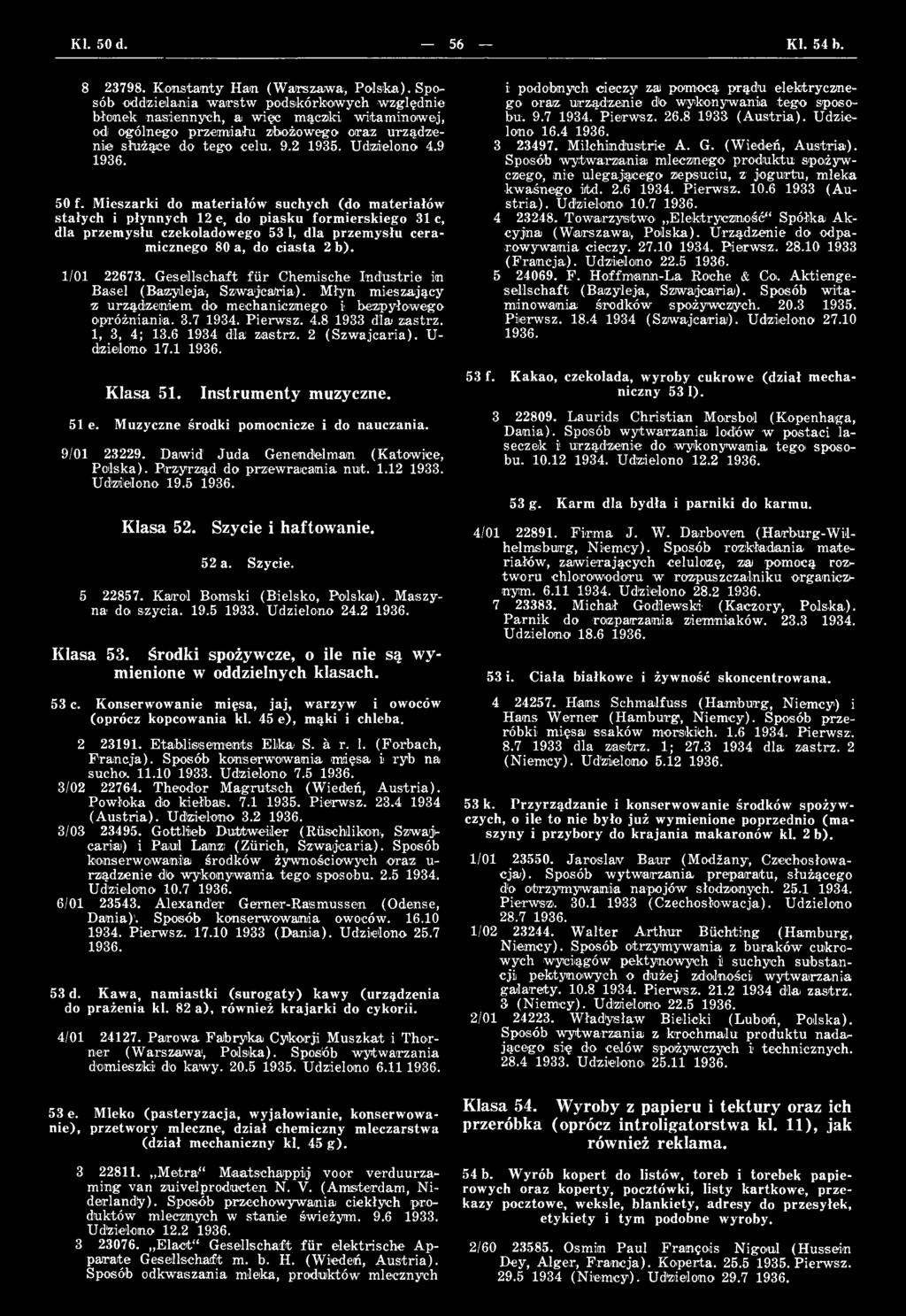 8 1933 dlai zastrz. 1, 3, 4; 13.6 1934 dlai zastrz. 2 (Szw ajcaria). U- dzielono 17.1 Klasa 51. Instrumenty muzyczne. 51 e. Muzyczne środki pomocnicze i do nauczania. 9/01 23229.