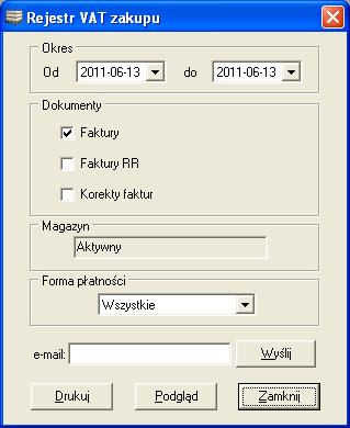 j 12.8. REJESTR VAT ZAKUPU Funkcja ta pozwala na wydruk rejestru VAT zakupu z określonymi parametrami za dany okres czasu. Po jej wywołaniu ukazuje się okno (Rys.
