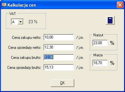 Rys. 4. Okno kalkulacji cen. W oknie tym, z listy wyboru (w lewym górnym rogu) wybieramy stawkę VAT poszczególne litery odpowiadają różnym stawkom VAT (zdefiniowanym w module konfiguracyjnym).
