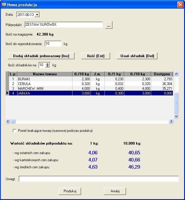 obok okienka nazwy półproduktu. Należy tutaj dodać, że produkować możemy tylko półprodukty, które mogą posiadać stany magazynowe. Są one oznaczone kolorem zielonym.