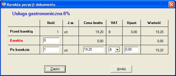 j kwotowymi zarówno przed, jak i po korekcie. Korekty pojedynczej pozycji dokumentu dokonujemy poprzez podwójne kliknięcie na wybranej pozycji. W tym momencie wyświetlone zostaje następne okno (Rys.