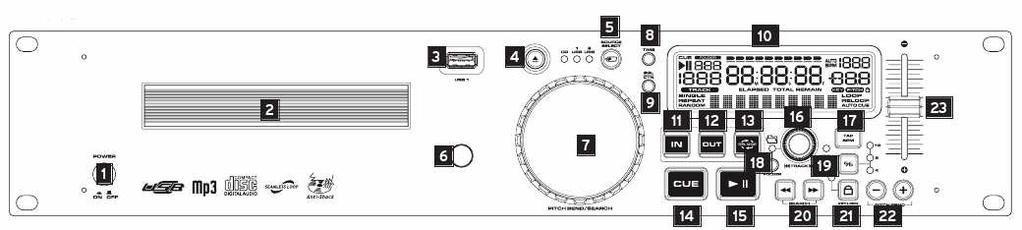 PANEL PRZEDNI OPIS: 1. Przycisk ON/OFF 2. Tacka na CD 3. Port USB1 4. Przycisk Eject 5. Wybór źródła 6. Sensor pilota 7. Koło JOG 8. Przycisk Time 9. Przycisk Single/Continue 10. Wyświetlacz 11.