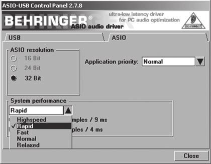 Aby prawidłowo skonfigurować sterownik do aplikacji audio, postępuj Uruchom program ASIO-USB Control Panel z oprogramowania audio (może się nazywać ASIO Config lub podobnie).