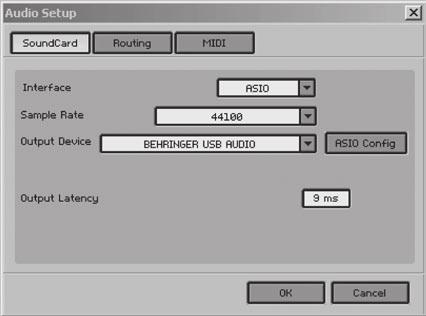 Rys. 2.4: Ustawienia Audio Setup 4) Kliknij przycisk ASIO Config, pojawi się okno dialogowe ustawień sterownika.