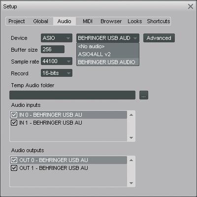 4) W zakładce Audio I/O, ustawić Playback oraz Recording devices jako BEHRINGER USB AUDIO. Rys. 2.