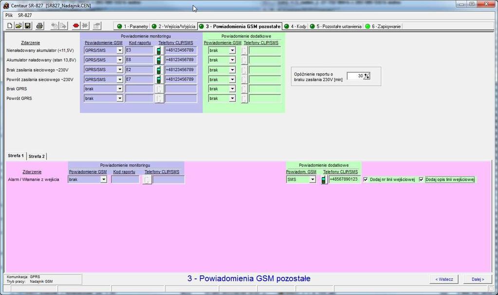 6.2. Zakładka 3 - Powiadomienia GSM pozostałe W trybie pracy Nadajnik GSM zakładka wygląda następująco: Określa się tu jak ma wyglądać powiadomienie o innych zdarzeniach systemowych, wymienionych w