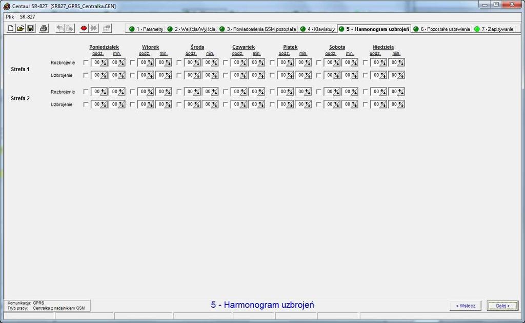 7.4. Zakładka 5 - Harmonogram uzbrojeń W trybie pracy Centralka z nadajnikiem GSM zakładka wygląda następująco: Tygodniowy grafik uzbrojeń / rozbrojeń umożliwia automatyczne uzbrajanie i rozbrajanie