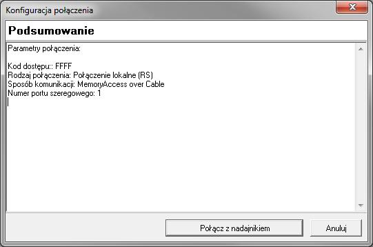 Jest to podsumowanie parametrów połączenia. Należy kliknąć przycisk Połącz z nadajnikiem.