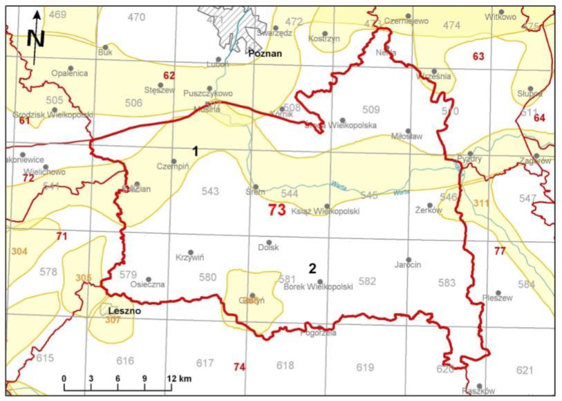 Lokalizację Gminy Czempiń względem JCWPd nr 73 i 62 przedstawia poniższy rysunek Ryc. 5. Lokalizacja na tle JCWPd. źródło: Państwowa Służba Hydrogeologiczna. 6.1.4.