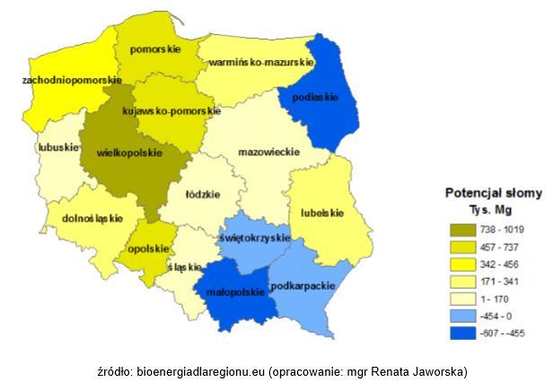 Ryc. 10..Potencjał słomy zbożowej i rzepakowej w Polsce (stan na rok 2011).