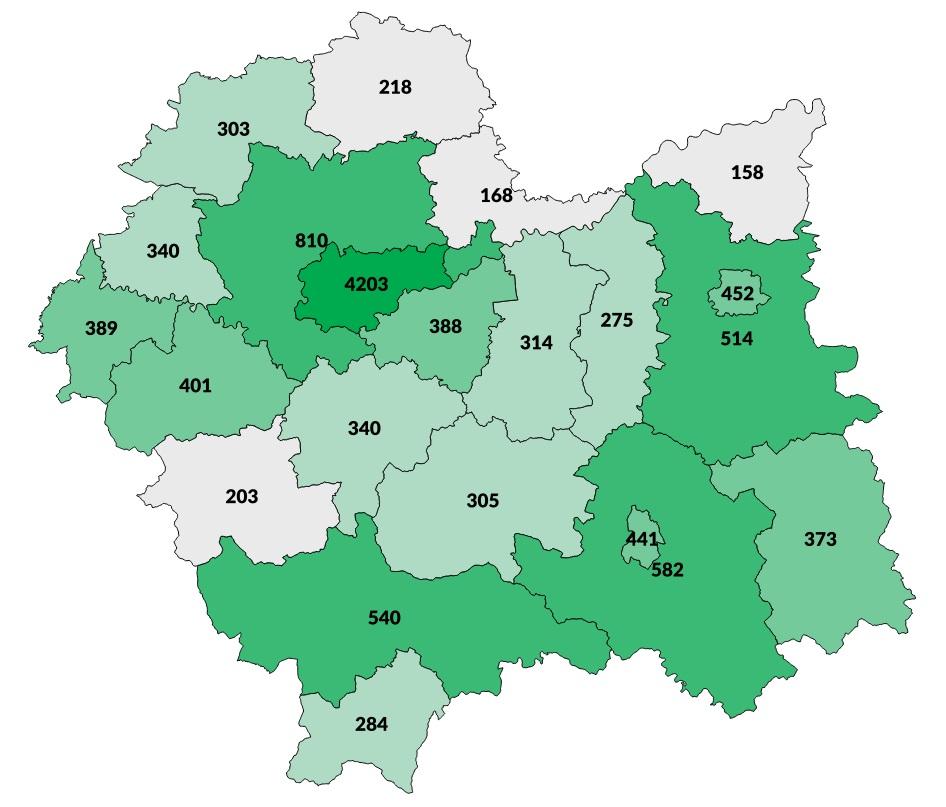 tarnowski 514 4% 26 nowotarski 540 4% 28 nowosądecki 582 5% 27 krakowski 810 7% 30 Kraków 4203 35% 55 Małopolska 12001 100% 36 Poniżej prezentujemy dane przedstawione w