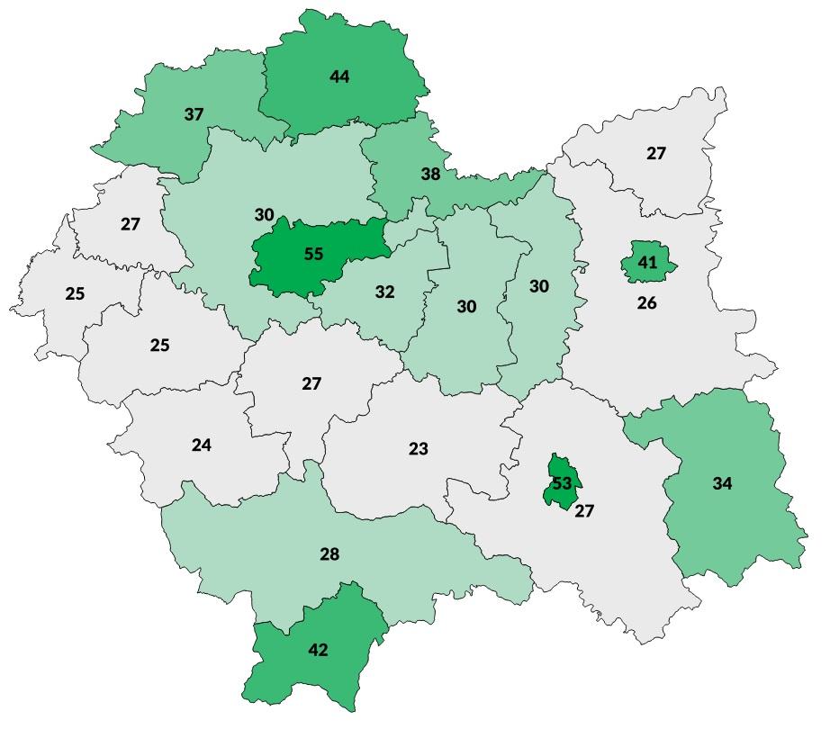 Mapa 2. Liczba organizacji pozarządowych (wedle tzw. szerokiej definicji trzeciego sektora) zarejestrowanych w powiatach województwa małopolskiego na 10 tys.