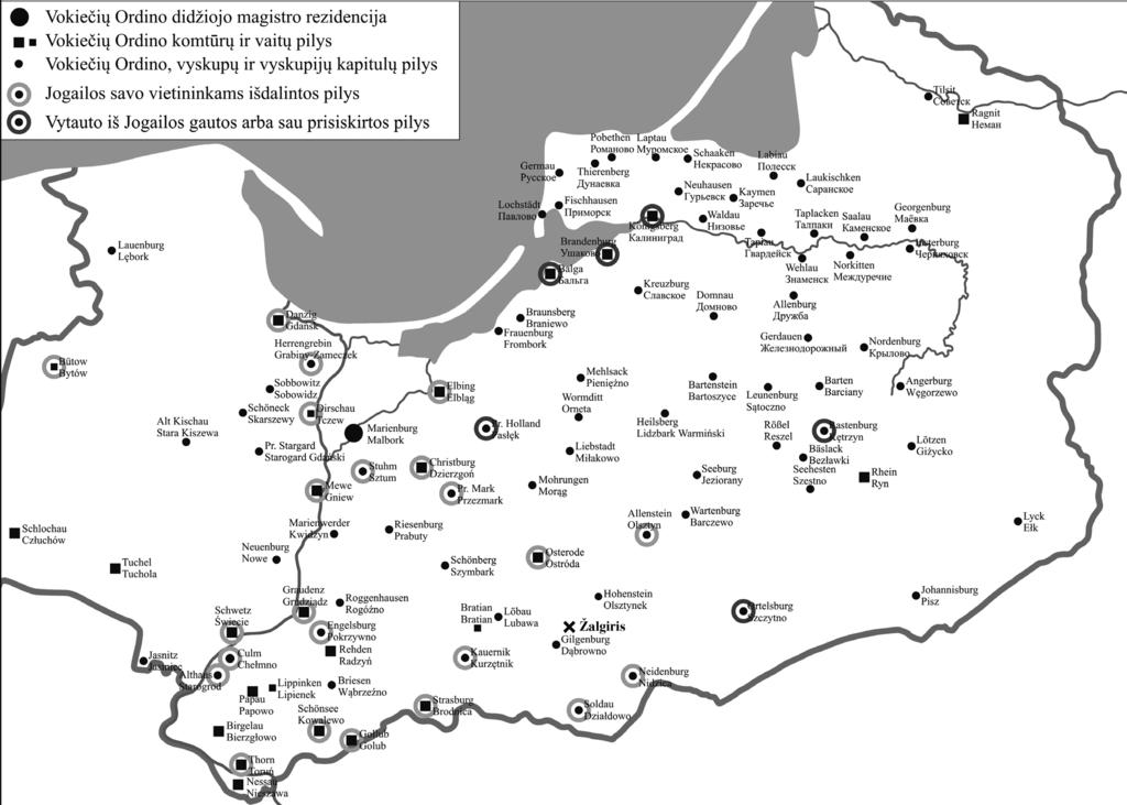 Vokiečių ordino didžiojo magistro rezidencija Vokiečių ordino komtūrų ir vaitų pilys Vokiečių ordino, vyskupų ir vyskupijų kapitulų pilys