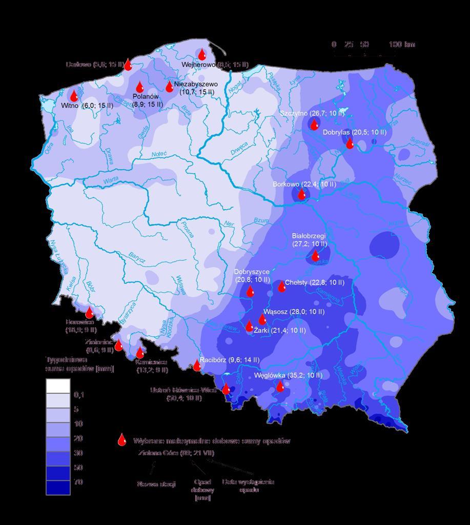 3. Rozkład tygodniowej sumy opadów oraz wybrane maksymalne