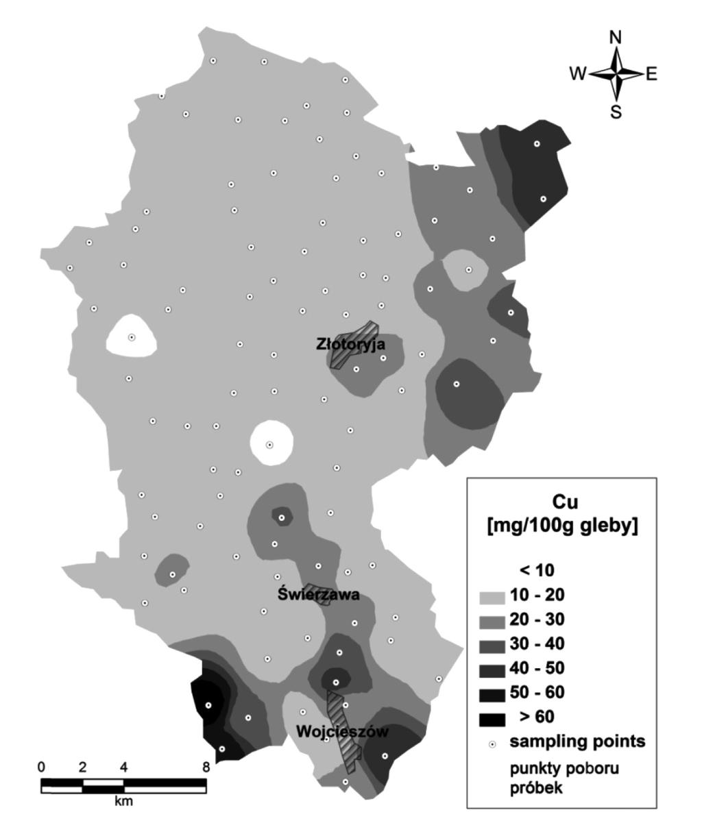 62 Dorota Kawałko i wsp. <10 10 20 20 30 30 40 40 50 50 60 >60 Mapa 1. Całkowita zawartość Cu w glebach użytków rolnych powiatu złotoryjskiego Map 1.