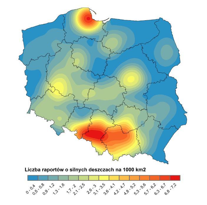 Najwięcej raportów związanych z intensywnymi opadami deszczu wystąpiło w Polsce południowej