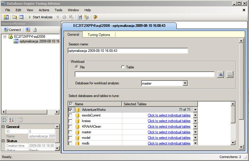 narzędzia Database Engine Tuning Advisor Jest ono w stanie na podstawie tych danych zasugerować szereg czynności prowadzących do