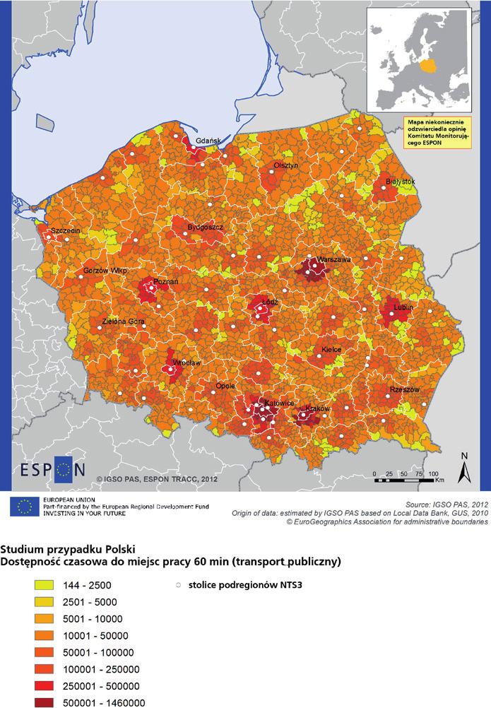 Mapa 3. Dostępność czasowa miejsc pracy 1h (samochód) (ESPON TRACC) wg.