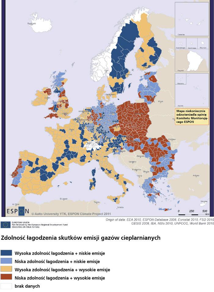 Mapa 5. Zdolność łagodzenia skutków emisji (ESPON CLIMATE) Mapa 6.