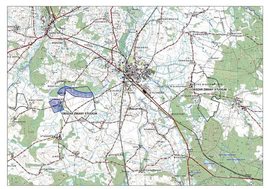 Rys. usytuowanie obszaru zmiany studium po stronie wschodniej Klępina Białogardzkiego w stosunku do cennych żerowisk ptaków szponiastych (kolor niebieski) i jednocześnie wyznaczonego tam obszaru