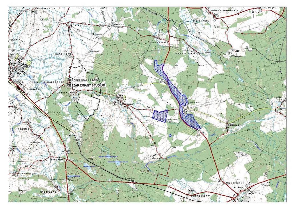 Rys. usytuowanie obszaru zmiany studium w stosunku do żerowisk kani rudej w rejonie miejscowości Bukówko i Kolonii Dobrowo, w gminie Tychowo (kolor niebieski) Prognozowany wpływ na cenne gatunki w