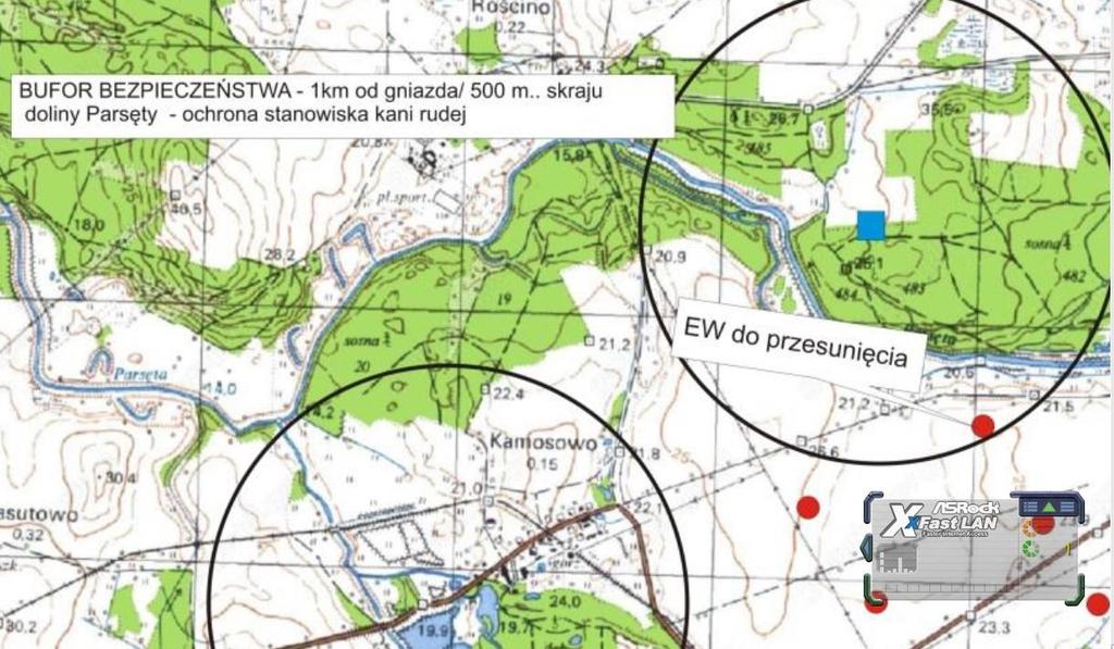 Fragment rys. 24. Zamieszczonego na stronie 87 Raportu: Proponowane strefy wolne od elektrowni (około 1km) z uwagi na propozycję zaleceń obniżających negatywne oddziaływanie farmy na ptaki.