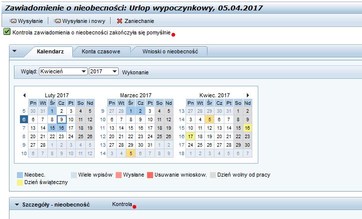 W przypadku np. kolizji z inną nieobecnością w danym dniu system poinformuje o tym użytkownika. Przycisk kontrola uzupełnia automatycznie pole Godziny nieobecności w oparciu o wprowadzoną liczbę dni.