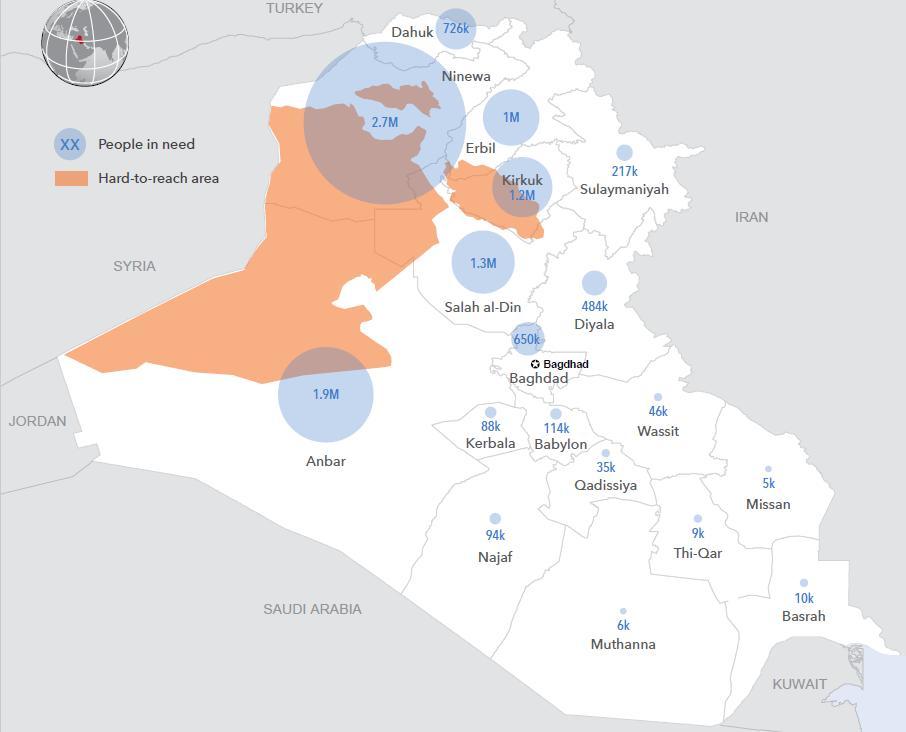 Irak Mapa Iraku na niebiesko zaznaczona jest liczba osób potrzebujących pomocy w danym regionie, na pomarańczowo oznaczono miejsca, do których trudno dotrzeć z powodu toczących się walk.