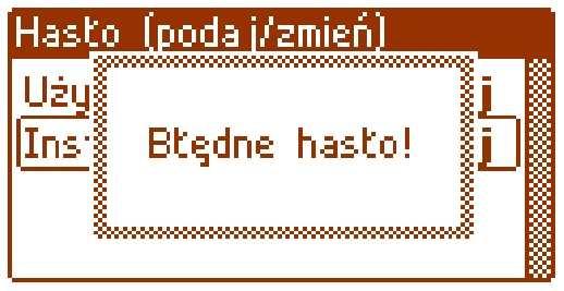 Jeżeli wprowadzone hasło będzie nieprawidłowe wówczas wyświetli się komunikat: Rys. 11. Komunikat po wprowadzeniu błędnego hasła klawiatury.