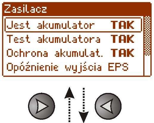 - przyciskami > lub < dokonać ustawienia TAK jeżeli akumulator jest podłączony do zasilacza NIE jeżeli akumulator nie jest podłączony do