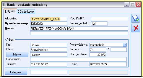 1. Dodaj do listy banków dane banku obsługującego firmę: Z menu Słowniki wybieramy Banki i dodajemy nową pozycję, wprowadzamy dane banku: oraz następujące pozycje: Akronim: BPH I O.