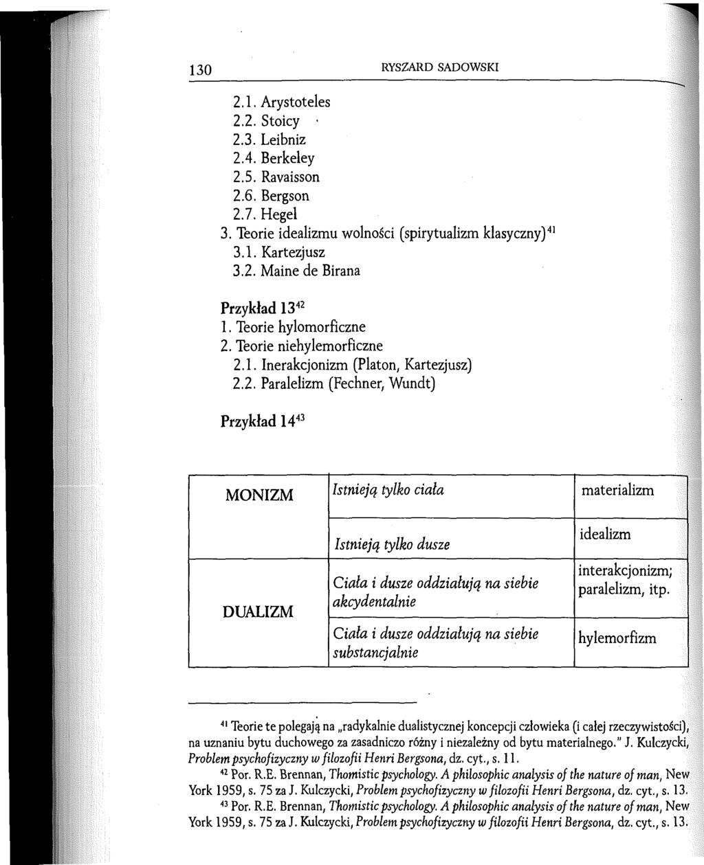 130 RYSZARD SADOWSKI 2.1. Arystoteles 2.2. Stoicy 2.3. Leibniz 2.4. Berkeley 2.5. Ravaisson 2.6. Bergson 2.7. Hegel 3. Teorie idealizmu wolności (spirytualizm klasyczny)41 3.1. Kartezjusz 3.2. Maine de Birana Przykład 1342 1.