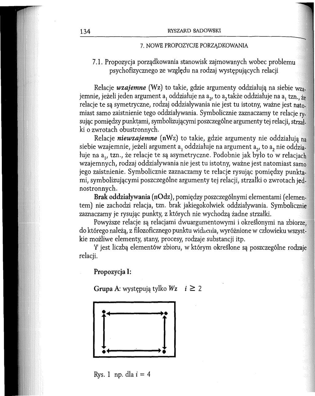 134 RYSZARD SADOWSKI 7. NOWE PROPOZYCJE PORZĄDKOWANIA 7.1. Propozycja porządkowania stanowisk zajmowanych wobec problemu psychofizycznego ze względu na rodzaj występujących relacji Relacje w zajem ne
