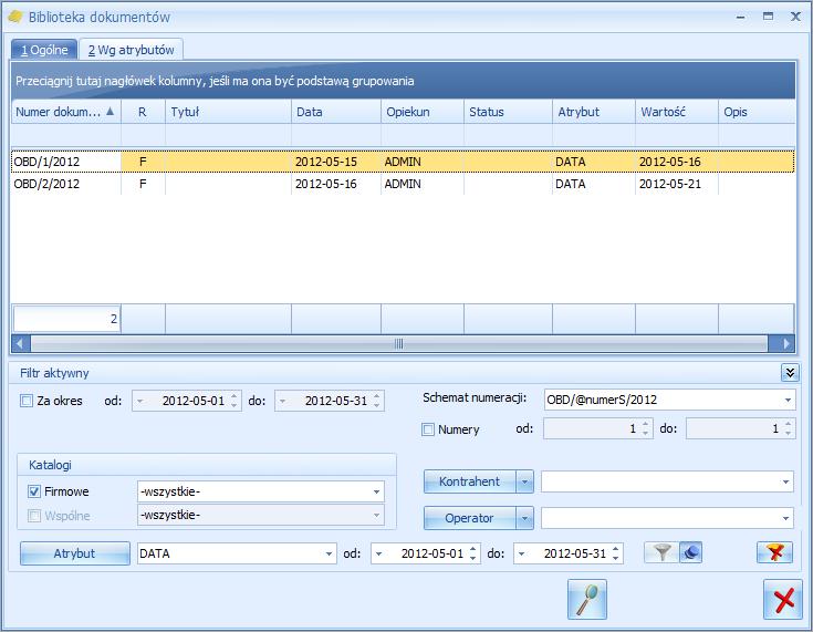 Rys 32. Biblioteka dokumentów zakładka Wg atrybutów Na zakładce [Wg atrybutów] możliwe jest wyszukiwanie dokumentów wg przypisanych atrybutów.