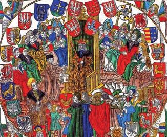 Ilustracja z Kodeksów Łaskiego, przedstawiająca króla Aleksandra Jagiellończyka i senat. Przy tronie stoi kanclerz Jan Łaski, który wręcza królowi dokument.
