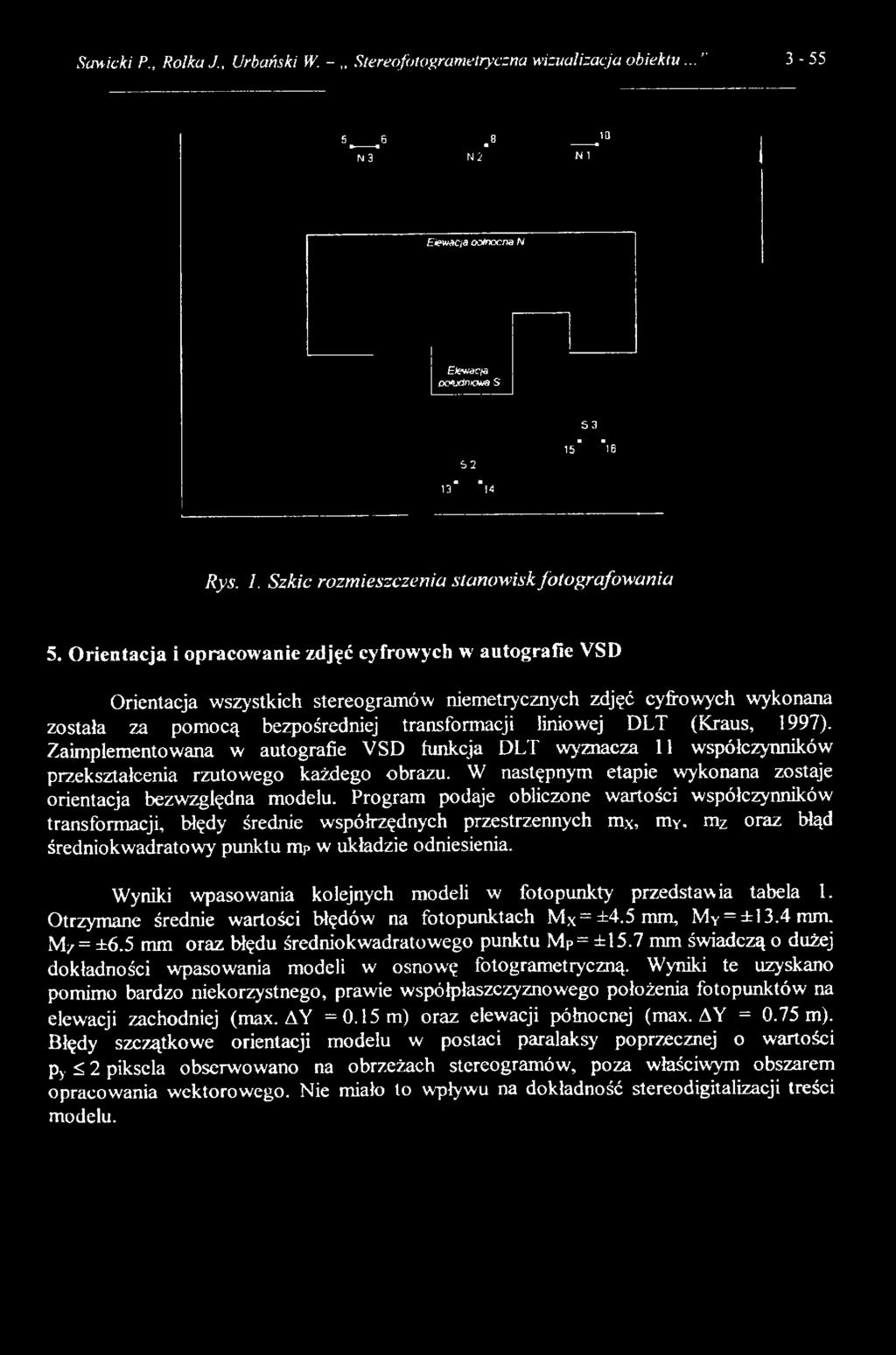 1997). Zaimplementowana w autografie VSD funkcja DLT wyznacza 11 współczynników przekształcenia rzutowego każdego obrazu. W następnym etapie wykonana zostaje orientacja bezwzględna modelu.