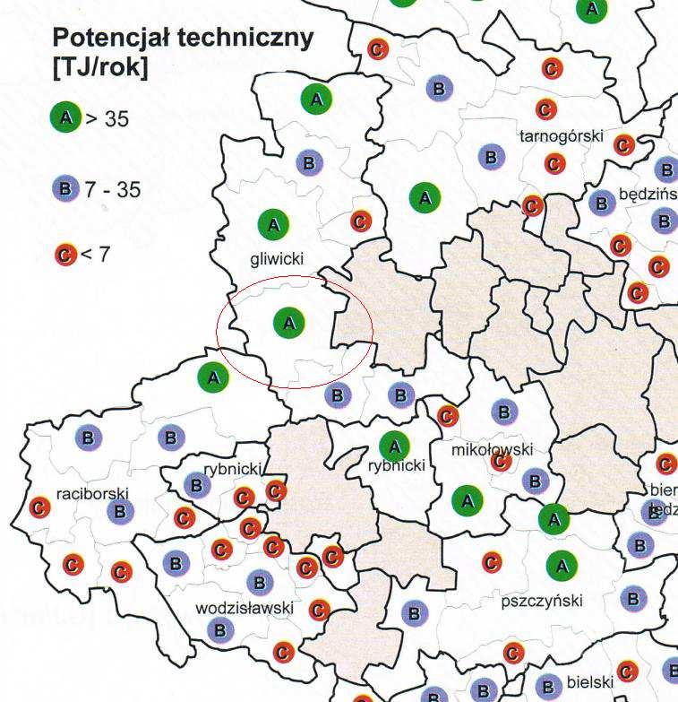 Potencjał techniczny biomasy Źródło: Odnawialne źródła energii i możliwości ich wykorzystania na terenach nieprzemysłowych województwa śląskiego, PAN, 2005 Na terenie Gminy występują także korzystne