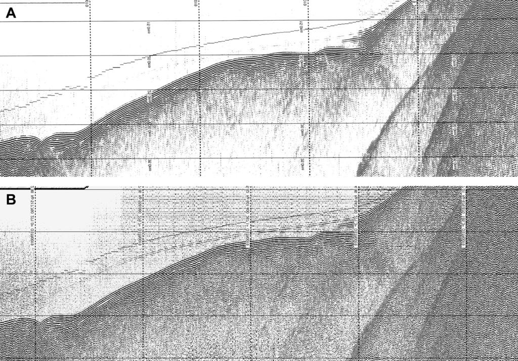Ryc. 4. Porównanie dwóch wydruków fragmentu profilu 19. Na wydruku B wzmocniono siłę sygnału, dzięki czemu obraz stropowej warstwy osadu stał się bardziej czytelny.