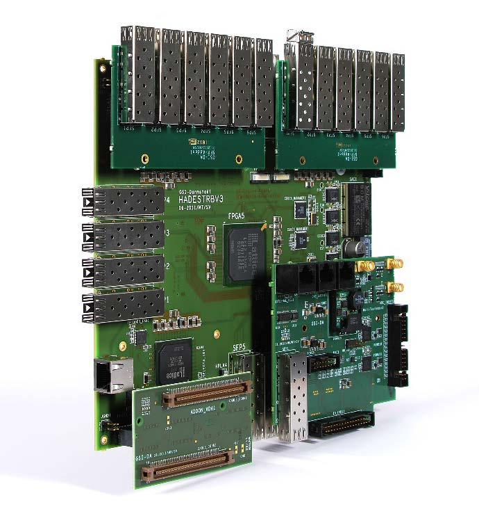 Instrumentarium : przykład: układy FPGA Płyta Trigger Read-out Board oparta na programowalnych układach FPGA (Kraków- GSI) Ekstrakcja cech sygnału analogowego poprzez analizę cyfrową (amplituda