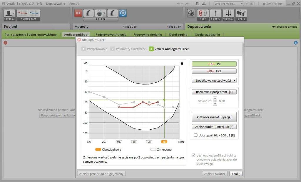 AudiogramDirect Wybierz [AudiogramDirect], aby zmierzyć próg słyszenia i UCL przy pomocy podłączonego aparatu słuchowego.