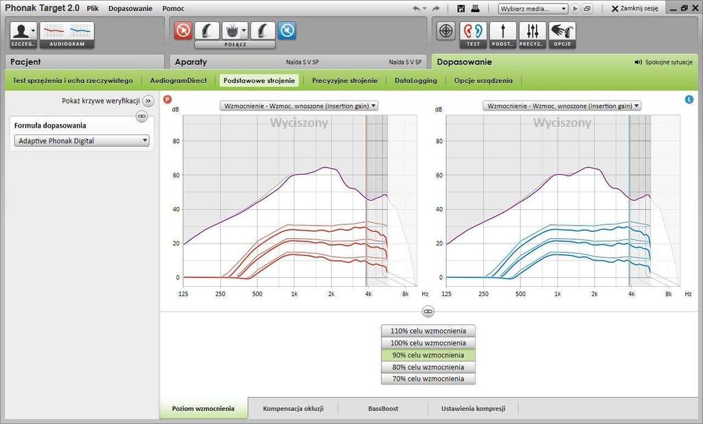 W zakładce Phonak Target Ustawienia (dostępnej z ekranu startowego) można określić pożądane ustawienia pomiarowe.