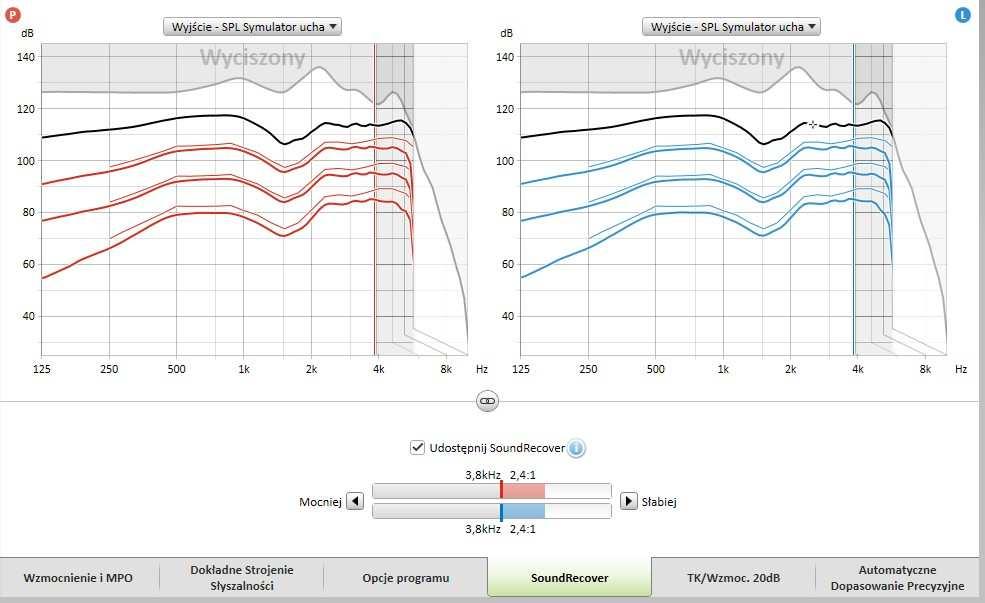 Dokładne strojenie słyszalności Możliwe do wybrania próbki dźwiękowe oraz odpowiadające im wzmocnienia są wyświetlane na wykresie.