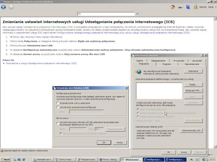 W przypadku używania usługi ICS na komputerach w sieci należy również skonfigurować opcje internetowe według