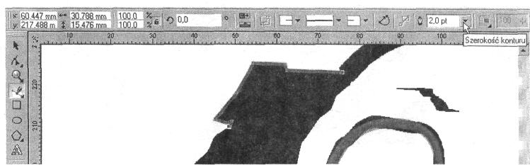 na Palecie CorelDraw i ustal Szeroko konturu w okienku na pasku Właciwoci na 2 punkty. 57. Klikaj kolejne punkty, w których obrys włosów zmienia swój kierunek.