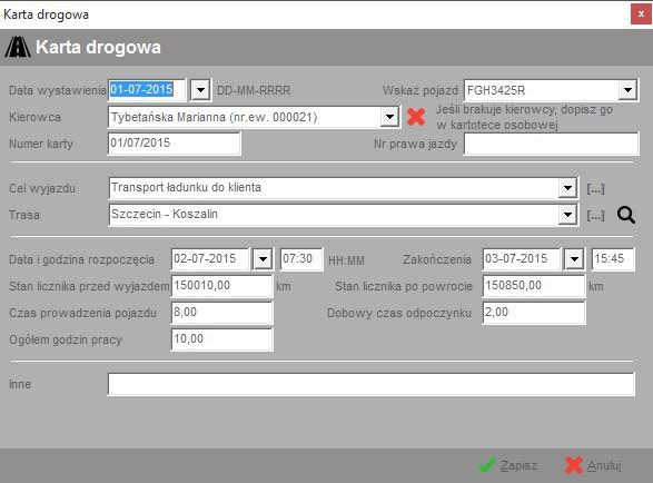 Z poszczególnymi kartami drogowymi mogą być związane pewne koszty, o których informacje zapisujemy w ewidencji kosztów podając odpowiedni numer karty drogowej.